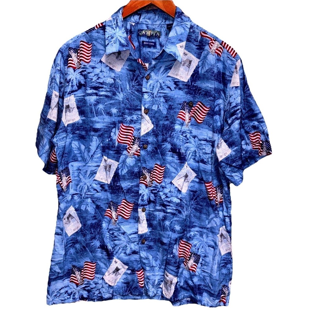 Campia Patriotic Hawaiian‎ Shirt Men's L Blue Easy Care Button Up 4rth Of July